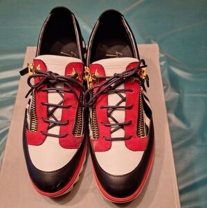 Chic Red, Black, and White Sneakers with Gold Details